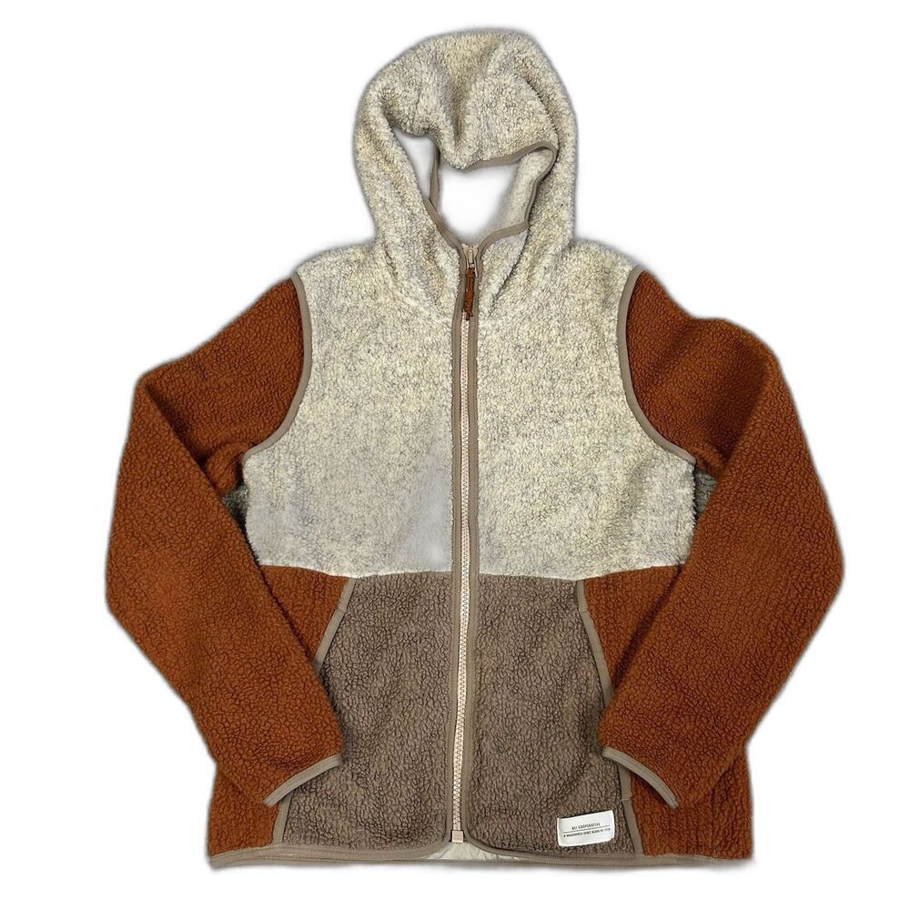 Colorblock Sherpa Zip Hoodie Jacket - Cream, Brown & Rust